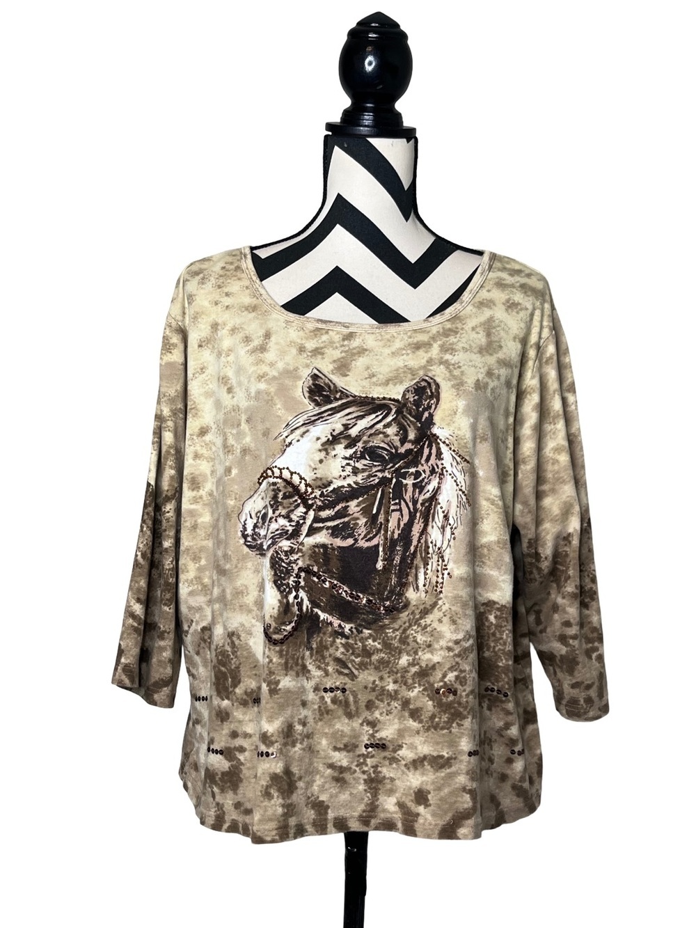 Equestrian Horse Print Sequin Beaded Y2K Western Country Boho Cotton Top Sz XXL